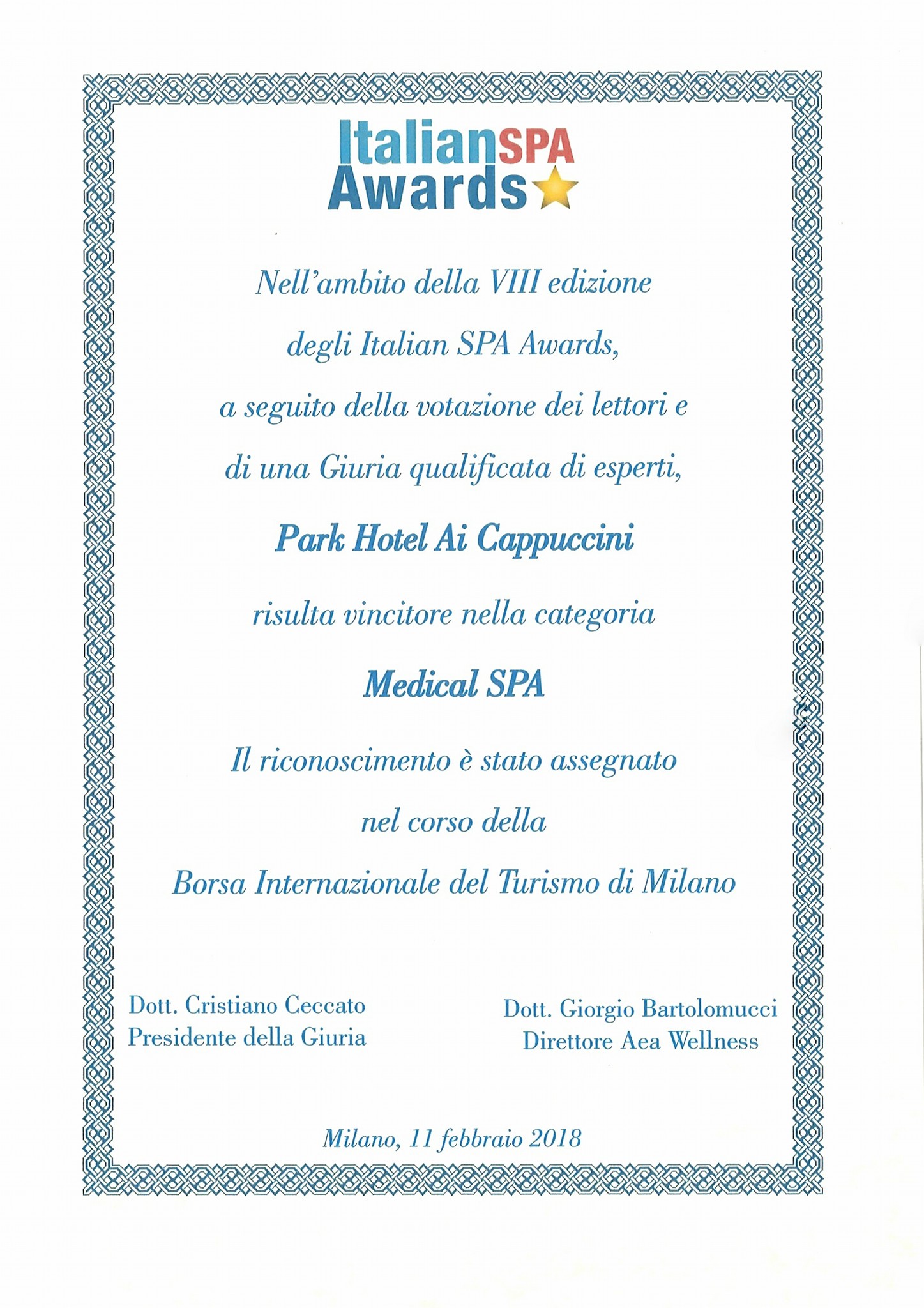 Park Hotel ai Cappuccini vincitore della VIII edizione degli Italian SPA Awards nella sezione Medical SPA